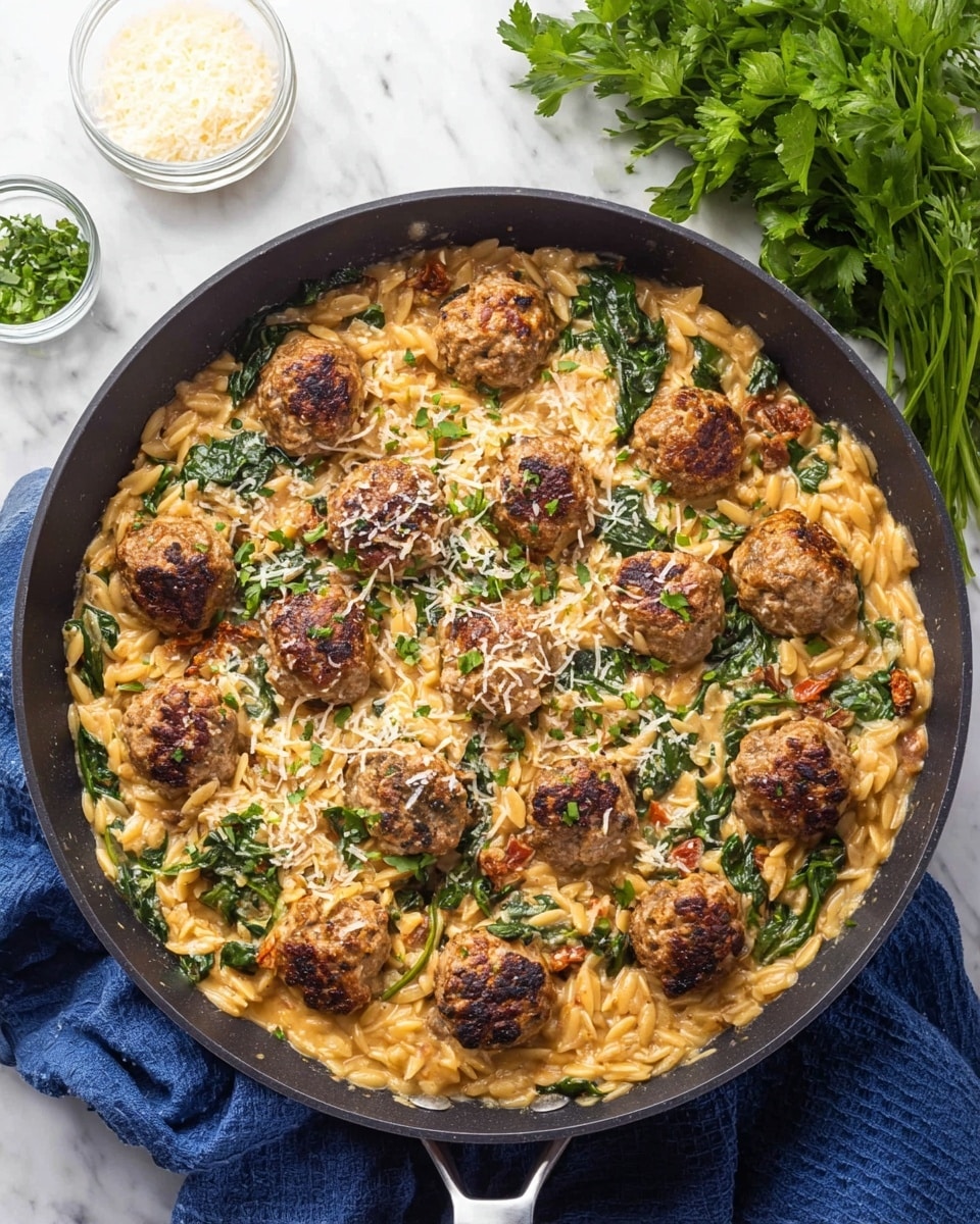 A round black pan filled with about 20 browned meatballs evenly spread on top of a layer of creamy, light orange orzo pasta mixed with wilted dark green spinach leaves and small bits of sun-dried tomatoes. The pasta has a soft texture and is sprinkled with finely grated white cheese and chopped green herbs. The pan is placed on a blue cloth on a white marbled surface with two small clear bowls of grated cheese and chopped herbs near the top of the frame, and a bunch of fresh parsley on the side. Photo taken with an iphone --ar 4:5 --v 7