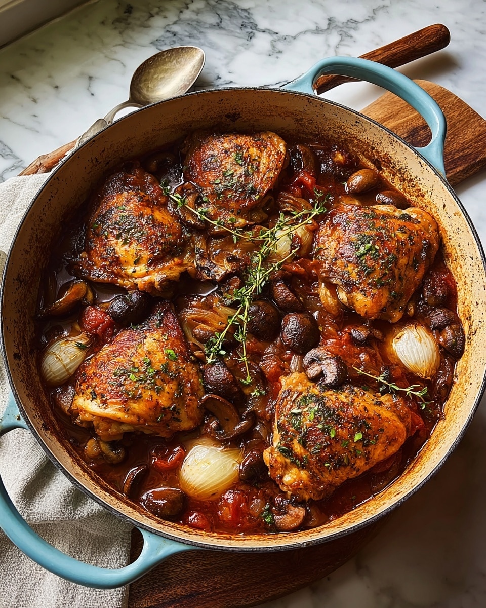 A round pot with a light blue handle holds a rich stew with four pieces of browned chicken thighs on top, each showing a crispy, golden-brown skin sprinkled with herbs. Under and around the chicken, there are dark brown whole mushrooms and quartered white onions with a soft, translucent look. The bottom layer is a deep reddish-brown sauce with visible herbs and chunks of cooked tomatoes, giving a thick, glossy texture. Small sprigs of fresh green thyme are placed on top, adding color contrast. The pot is set on a wooden board, and the background is a white marbled texture. A spoon with a wooden handle rests nearby. Photo taken with an iphone --ar 4:5 --v 7