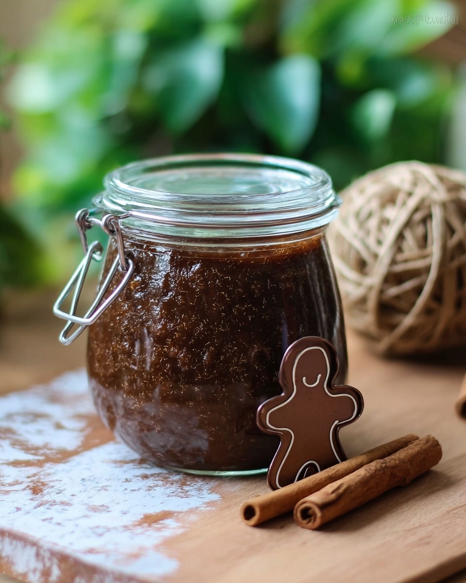 A clear glass jar with a silver clasp lid is filled with a thick, dark brown spread that shows some texture with tiny bits inside. The jar sits on a wooden surface with a white marbled texture added. In front of the jar, there is a small brown metal cookie cutter in the shape of a gingerbread person, leaning against the jar. To the right of the jar, two cinnamon sticks lay on the surface. The background is softly blurred, showing green plants and a ball of tan twine. photo taken with an iphone --ar 4:5 --v 7