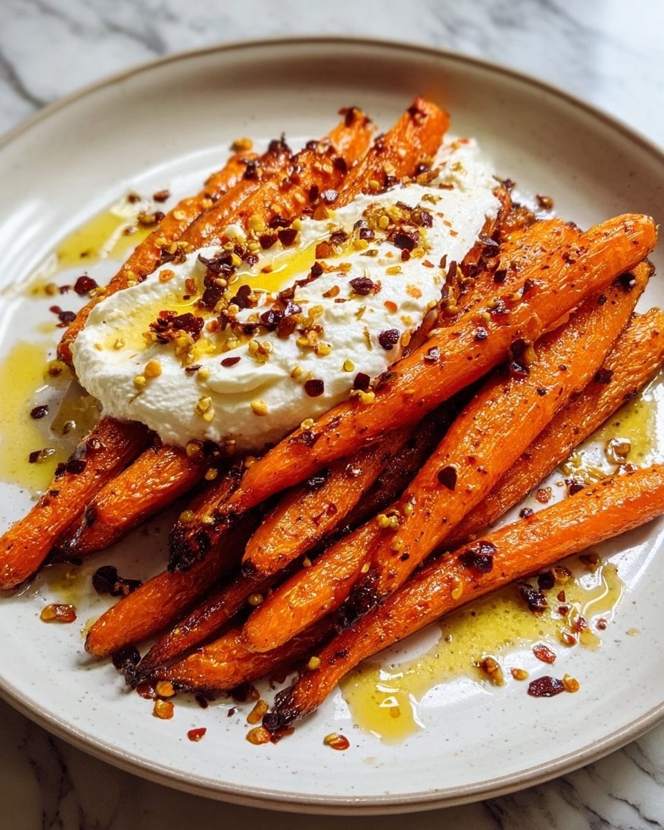A white plate holds two main layers of food on a white marbled surface. The bottom layer is made of bright orange roasted carrots, slightly shiny from oil and showing some charred spots and seasoning specks. On top of the carrots is a thick, creamy white layer of soft cheese or cream. The cheese is drizzled with golden honey and sprinkled with small dark red chili flakes, adding texture and color contrast. The overall look is warm and inviting with a mix of smooth and rough textures. photo taken with an iphone --ar 4:5 --v 7