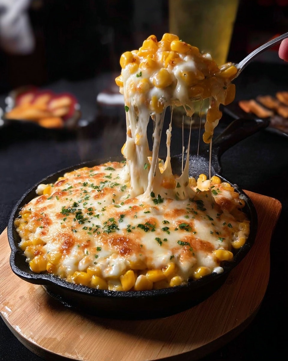 The dish shows a black cast iron pan filled with a layer of bright yellow corn kernels covered by a thick, melted layer of white cheese that is slightly browned on top with hints of golden spots. The cheese stretches in long strings as a woman's hand lifts a spoonful, revealing more corn beneath the creamy, gooey surface. Small sprinkles of green herbs are scattered over the melted cheese, adding a touch of color. The pan sits on a light wooden board against a dark background with some blurred objects in it. photo taken with an iphone --ar 4:5 --v 7