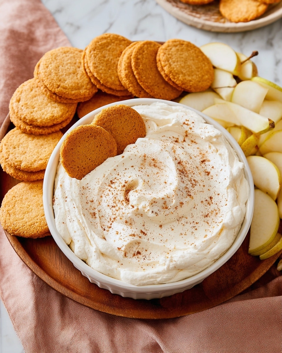 A white ceramic dish filled with a thick, creamy white dip sprinkled lightly with brown spice on top, with two round golden-brown cookies partially dipped into the cream on the left side. Surrounding the dish, there are more golden-brown cookies stacked closely together on the top left and sliced yellowish pears piled on the right. The dish rests on a wooden board with a soft pink cloth underneath, all set against a white marbled texture background. photo taken with an iphone --ar 4:5 --v 7