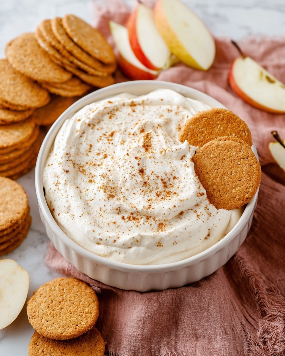 A white bowl filled with a thick, creamy, white dip sprinkled lightly with brown spices on top. Two golden-brown cookies partially dipped into the creamy layer sit on the edge of the dip. Around the bowl, there are more matching golden-brown cookies stacked in a pile, and slices of pale yellow pears and red apples with white flesh rest nearby. The bowl is placed on a soft, pink textured cloth, all set against a white marbled surface. Photo taken with an iphone --ar 4:5 --v 7