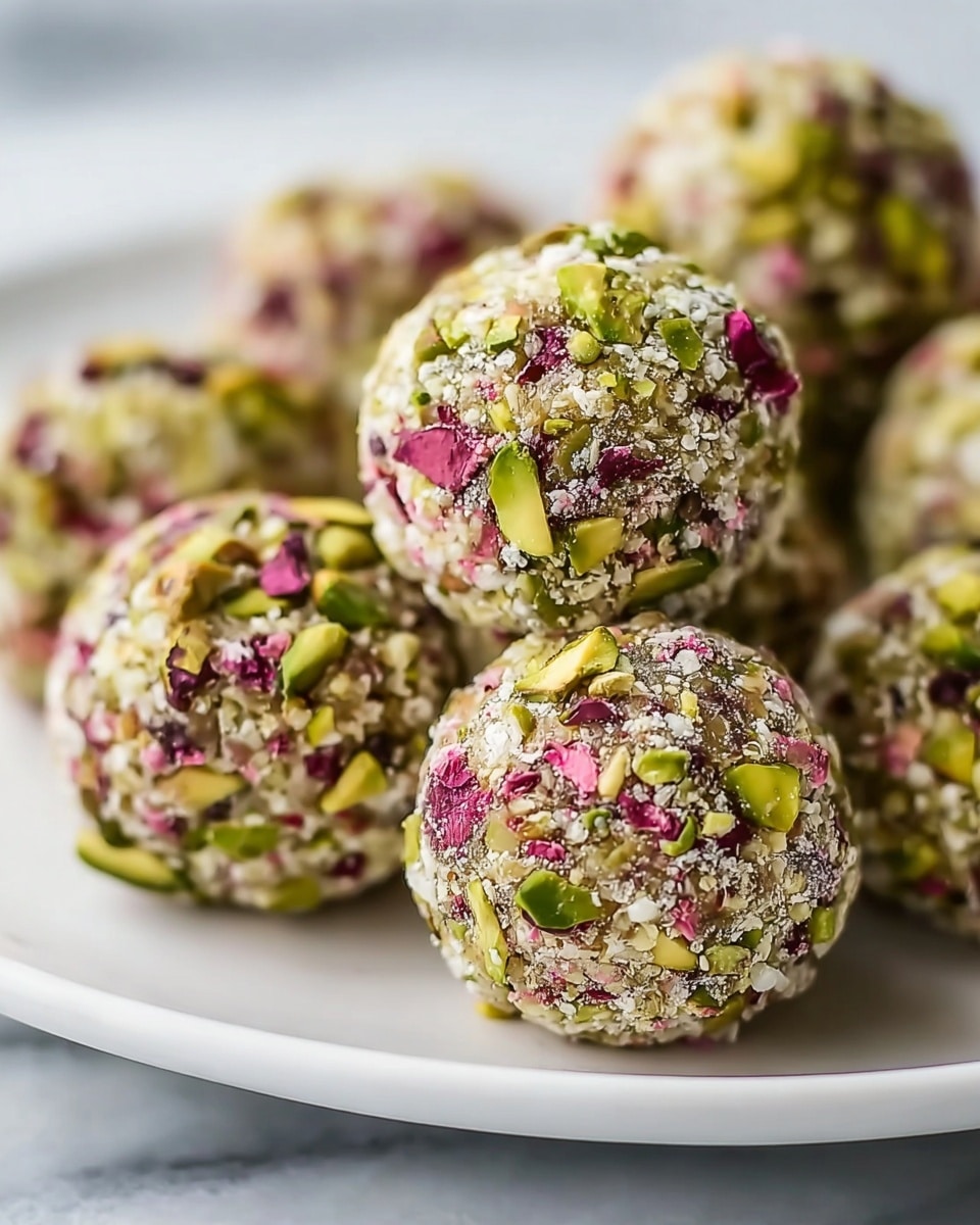 The image shows several round energy balls placed on a white plate. Each ball is covered with small pieces of green pistachios, light pink dried fruit bits, and some white powdery coating, giving a rough texture. The balls are tightly packed together, with the focus on the closest ones, showing their detailed mixed colors and textures. The background is a soft, blurred white marbled surface. photo taken with an iphone --ar 4:5 --v 7