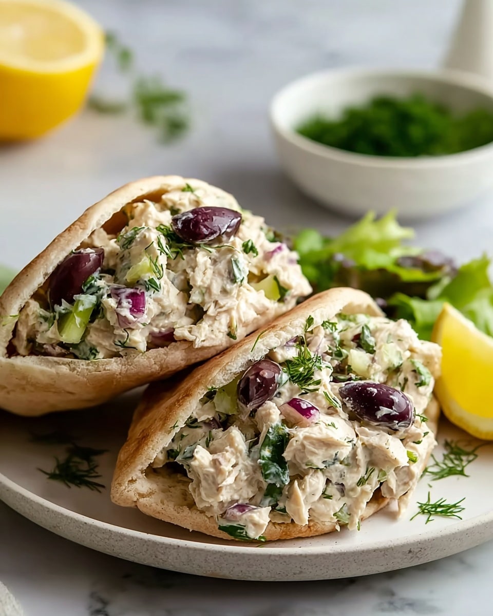 Two pita halves are filled with a creamy white chicken salad mixed with small pieces of green herbs, bright purple chopped onions, and dark purple olives. The salad is stuffed thickly inside the light tan pita bread, which has a soft but slightly textured surface. The dish is set on a white plate on a white marbled surface. In the blurry background, there is a halved lemon and a small white bowl with green herbs, adding fresh color to the scene. Photo taken with an iphone --ar 4:5 --v 7