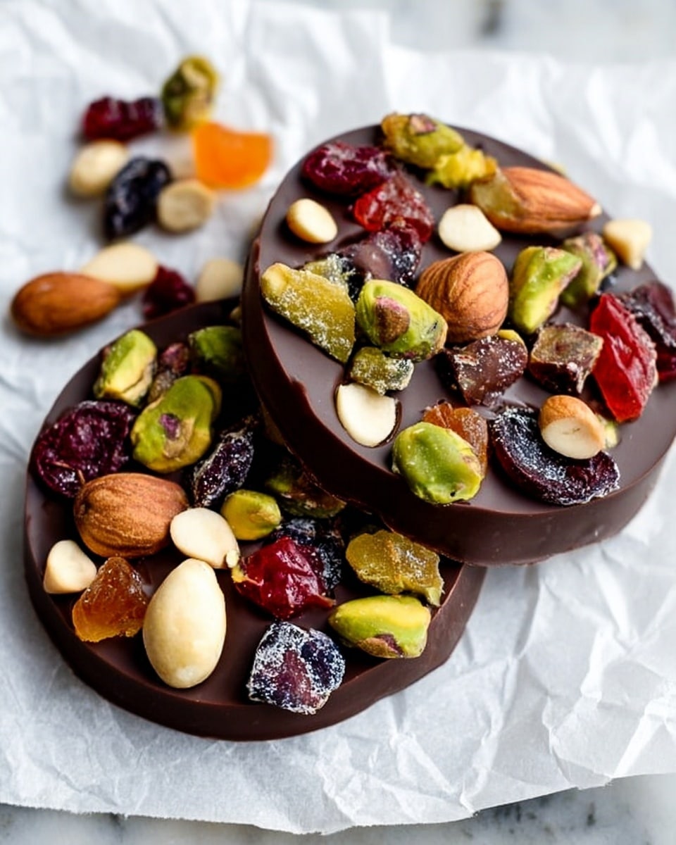 The image shows two thick, dark chocolate discs on crumpled white parchment paper over a white marbled surface. Each disc is topped with a colorful mix of dried fruits and nuts, including bright green pistachios, dark red cranberries, yellow raisins, orange papaya pieces, whole nuts with light brown shells, and tiny beige seeds scattered evenly on the chocolate. The rich smoothness of the chocolate contrasts with the rough, chunky texture of the toppings. The arrangement looks fresh and inviting, with the discs slightly overlapping. Photo taken with an iphone --ar 4:5 --v 7