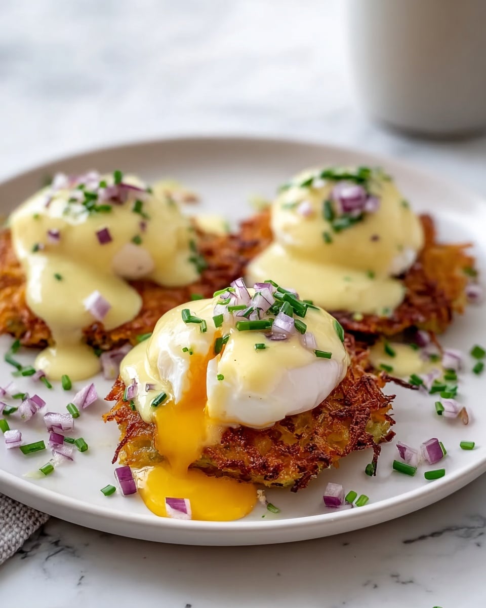 The image shows three crispy, golden brown potato latkes as the base layer on a white plate, each topped with a soft, white poached egg. Over the eggs, there is smooth, pale yellow hollandaise sauce dripping down the sides, with small pieces of finely chopped purple onion and green chives sprinkled on top and around the plate. The dish sits on a white marbled surface with a soft focus background. photo taken with an iphone --ar 4:5 --v 7