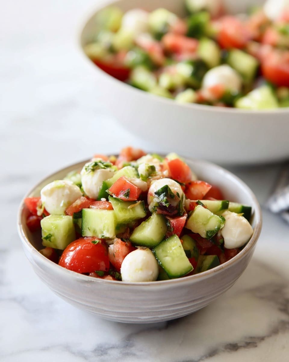 A small white bowl filled with a fresh salad composed of chopped green cucumber pieces, small round white mozzarella balls, and diced red tomatoes mixed with bits of dark green herbs, all sitting on a white marbled surface. Behind it, there is a larger white bowl with the same salad, slightly out of focus. The salad looks colorful and fresh, with the different textures of the soft mozzarella, crunchy cucumber, and juicy tomatoes clearly visible. The overall scene feels light and clean. Photo taken with an iphone --ar 4:5 --v 7
