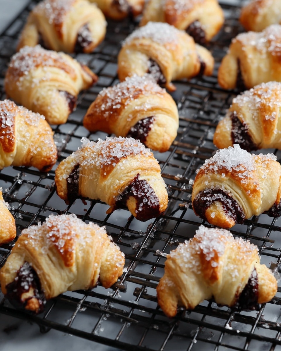 The image shows many small, crescent-shaped pastries laid out on a black cooling rack. Each pastry has three visible layers: a soft, golden-baked dough outer layer with a slightly flaky texture, dark chocolate spread inside giving a rich dark brown layer that peeks through the dough, and large sparkling sugar crystals sprinkled generously on top, adding a shiny, crystallized texture. The pastries are close together on the rack, which contrasts with the light color of the dough. The background is a white marbled texture. photo taken with an iphone --ar 4:5 --v 7