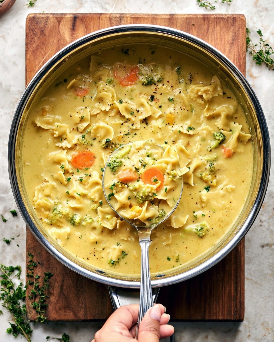 A large silver pot filled with a creamy yellow soup, thick with ruffled pasta pieces, small orange carrot chunks, and green broccoli bits. The soup has a smooth texture with some sprinkled green herbs on top. A shiny silver ladle is lifted by a woman's hand from the right side, holding a scoop of the soup showing the pasta and vegetables clearly. The pot sits on a wooden board, all placed on a white marbled surface, with some scattered herbs nearby. photo taken with an iphone --ar 4:5 --v 7