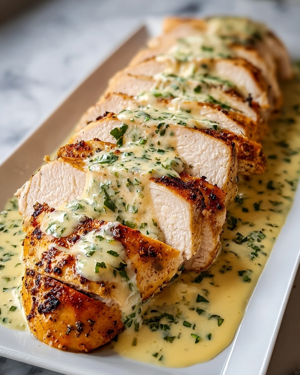 The image shows a row of thick chicken breast slices arranged neatly on a white rectangular plate. Each slice reveals a juicy, light tan interior with a browned, slightly crispy outer layer. A creamy pale yellow sauce with finely chopped green herbs is generously draped over the top of the chicken slices, pooling slightly on the plate beneath. The chicken is placed on a white marbled surface, and the focus is close, highlighting the texture and moistness of the meat and sauce. photo taken with an iphone --ar 4:5 --v 7