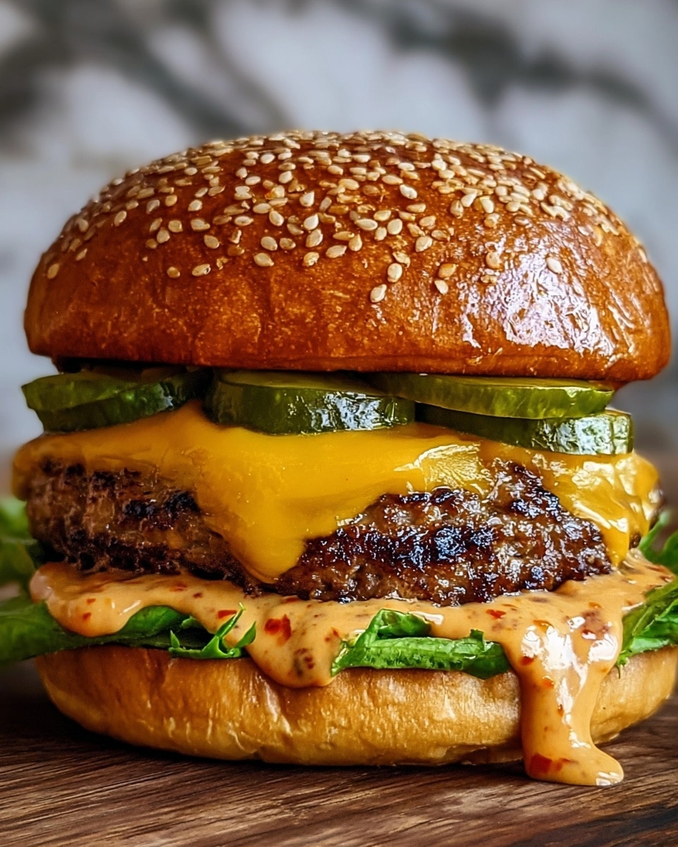 A close-up view of a juicy hamburger shows a toasted sesame seed bun on top with a shiny, golden brown color. Under the bun, there are three green pickle slices resting on a layer of creamy, orange spicy sauce with visible red specks. Below the sauce is a melted, bright yellow slice of cheddar cheese that covers a thick, grilled beef patty with a charred, crispy texture. Beneath the patty, there is a layer of fresh green lettuce. The bottom bun is toasted lightly with some of the spicy sauce dripping down the side. The burger sits on a wooden surface with a white marbled texture in the background. photo taken with an iphone --ar 4:5 --v 7