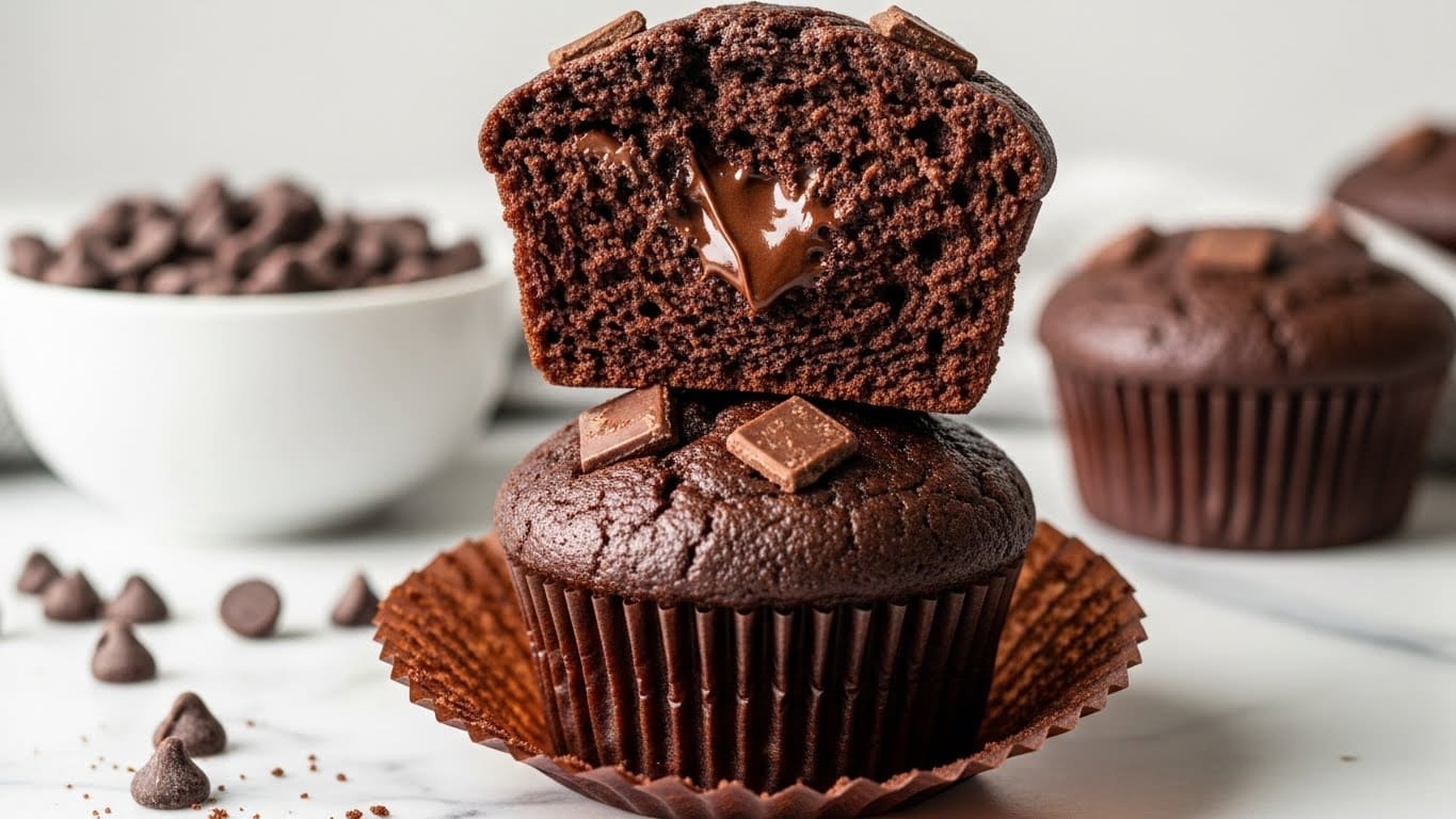 The image shows two chocolate muffins stacked on a white marbled surface, with the top muffin cut in half to reveal its inside. The bottom muffin forms the base, dark brown in color, with a rough textured top and ridged brown paper baking cup around the bottom. The top muffin half displays a moist, crumbly dark chocolate interior filled with small melted chocolate chunks, giving a rich, gooey look. In the background, a white bowl is blurred but visible, filled with dark chocolate chips, matching the muffin’s chocolate theme. Scattered chocolate chips and crumbs lie around the muffins, adding detail to the scene. Photo taken with an iphone --ar 4:5 --v 7