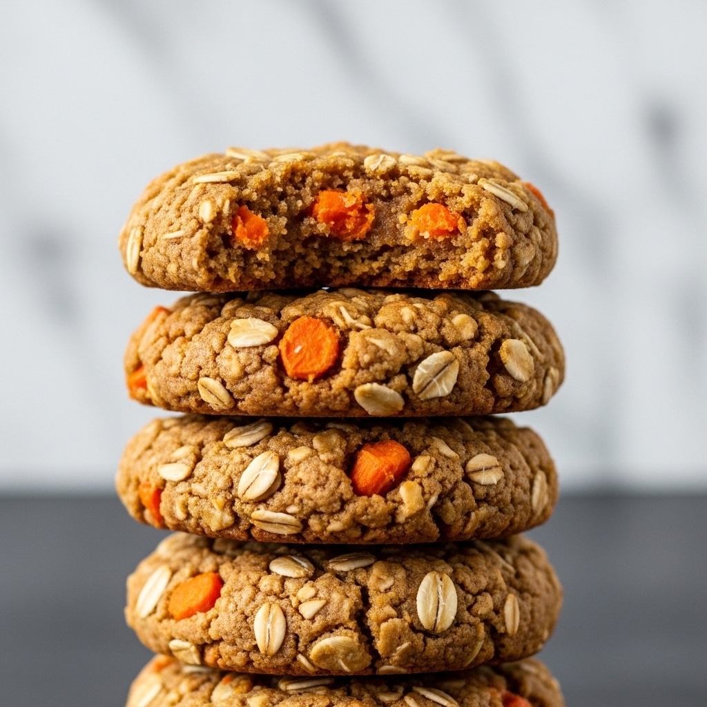 A close-up of a stack of six round oatmeal cookies with visible orange carrot pieces inside, each cookie showing a rough texture with oats scattered throughout. The top cookie has a bite taken out of it, revealing a moist and dense center with bright orange bits. The stack is placed on a dark surface with a soft, white marbled texture background that is out of focus, giving the cookies prominence. The lighting highlights the slightly glossy and chewy appearance of the cookies. Photo taken with an iphone --ar 4:5 --v 7