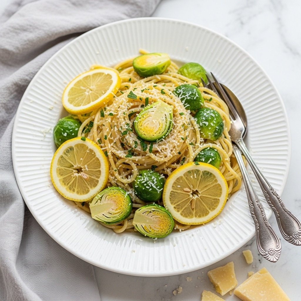 A white ridged plate holds a serving of thin spaghetti mixed with bright green sliced Brussels sprouts and sprinkled with finely chopped parsley. Thin slices of pale yellow lemon sit under and partly around the pasta. Lightly grated cheese is spread over the top, adding a soft white texture. Two ornate silver forks rest on the right side of the plate. The plate is set on a white marbled surface with a few scattered Brussels sprout leaves around. A grey cloth is placed to the left and chunks of hard cheese appear at the bottom right. Photo taken with an iphone --ar 4:5 --v 7