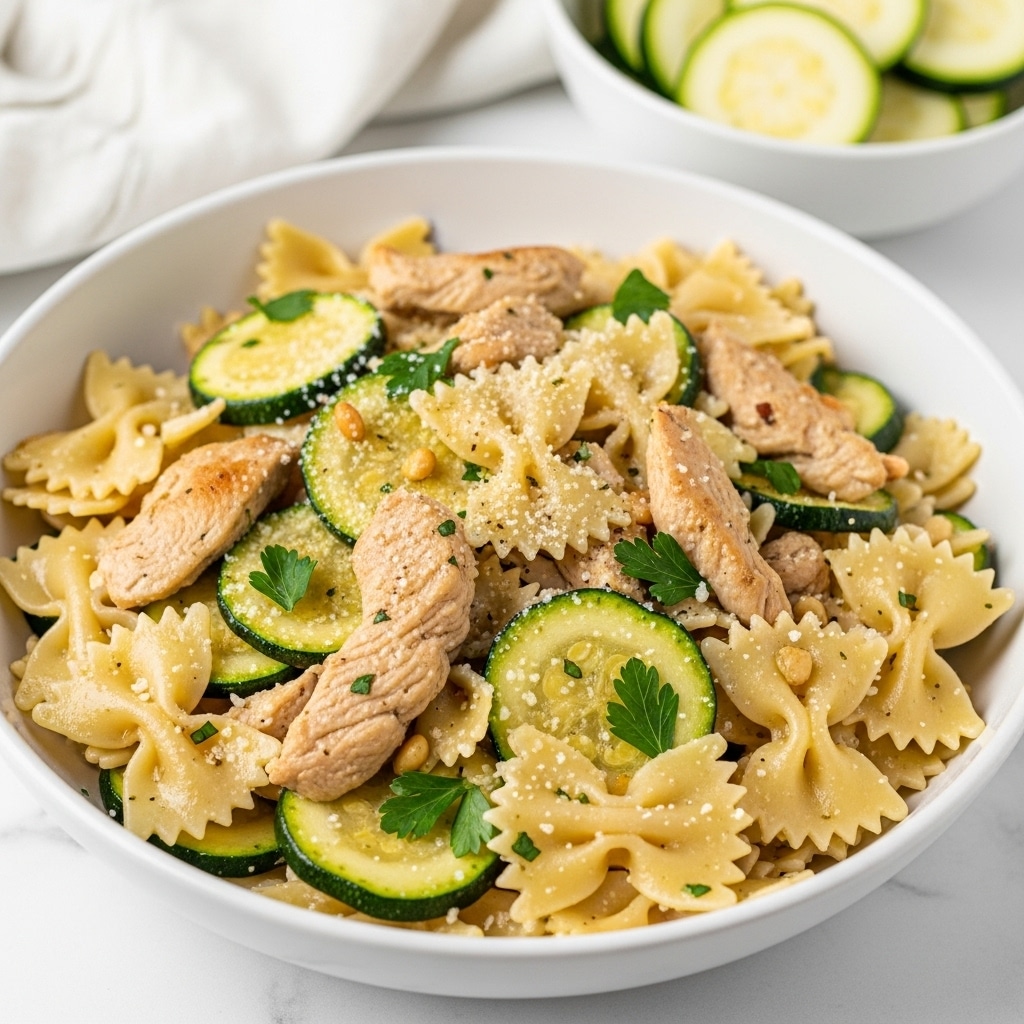 A close-up view of a white bowl filled with cooked bow-tie pasta mixed with tender pieces of light brown chicken, thin green slices of zucchini, and small green parsley leaves scattered on top. The pasta is coated with a light sauce and sprinkled with grated cheese, creating a slightly shiny texture. Small toasted pine nuts are visible in the mix. In the background, there's a white bowl with extra sliced zucchini, all set on a white marbled surface. Photo taken with an iphone --ar 4:5 --v 7
