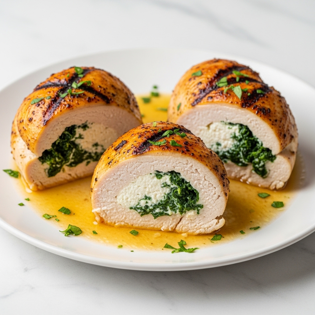 The image shows three stuffed chicken breasts on a white plate placed on a white marbled surface. Each chicken breast is cut to reveal the inside, showing two layers: an outer layer of golden-brown grilled chicken skin with a roasted texture and scattered green herbs, and an inner layer filled with creamy white cheese mixed with green leafy spinach, slightly browned on top. The chicken is sitting in a shallow pool of light brown sauce, with small bits of chopped herbs sprinkled around for garnish. photo taken with an iphone --ar 4:5 --v 7