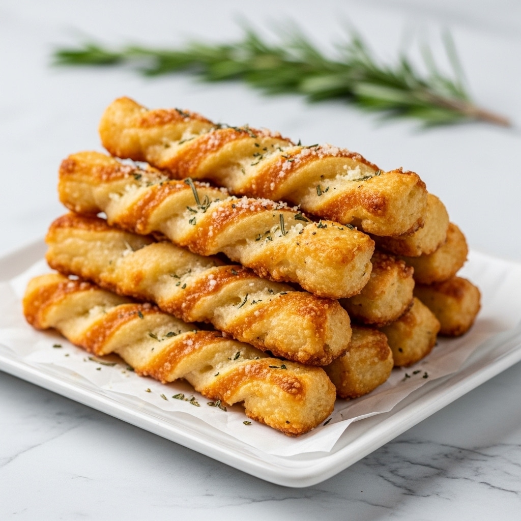 A stack of golden brown cheese sticks lies on a white square plate covered with a white parchment paper, each stick twisted and sprinkled with small bits of herbs and grated cheese on their surface; the sticks vary slightly in shade from light golden to toasted brown, giving a crispy look, while a sprig of rosemary lies blurred in the background on a white marbled texture surface. photo taken with an iphone --ar 4:5 --v 7