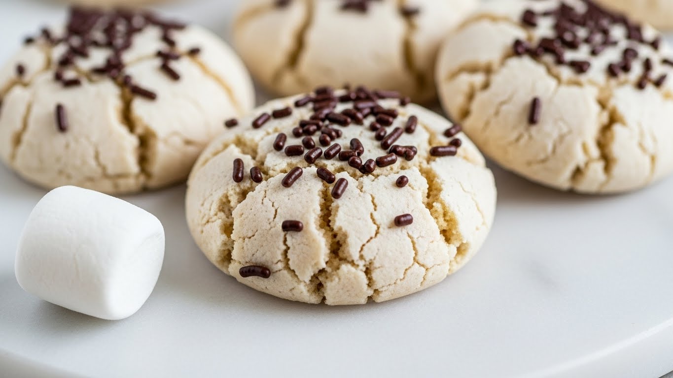 The image shows a close-up of round, light beige cookies with a cracked surface, covered with small, dark brown chocolate sprinkles. The cookies are placed on a smooth white marbled surface, with one white marshmallow near the front left side, adding contrast to the scene. The texture of the cookies looks soft and slightly crumbly, showing detailed cracks and sprinkles all over the top. The background is blurred, making the cookies the main focus of the image. photo taken with an iphone --ar 4:5 --v 7