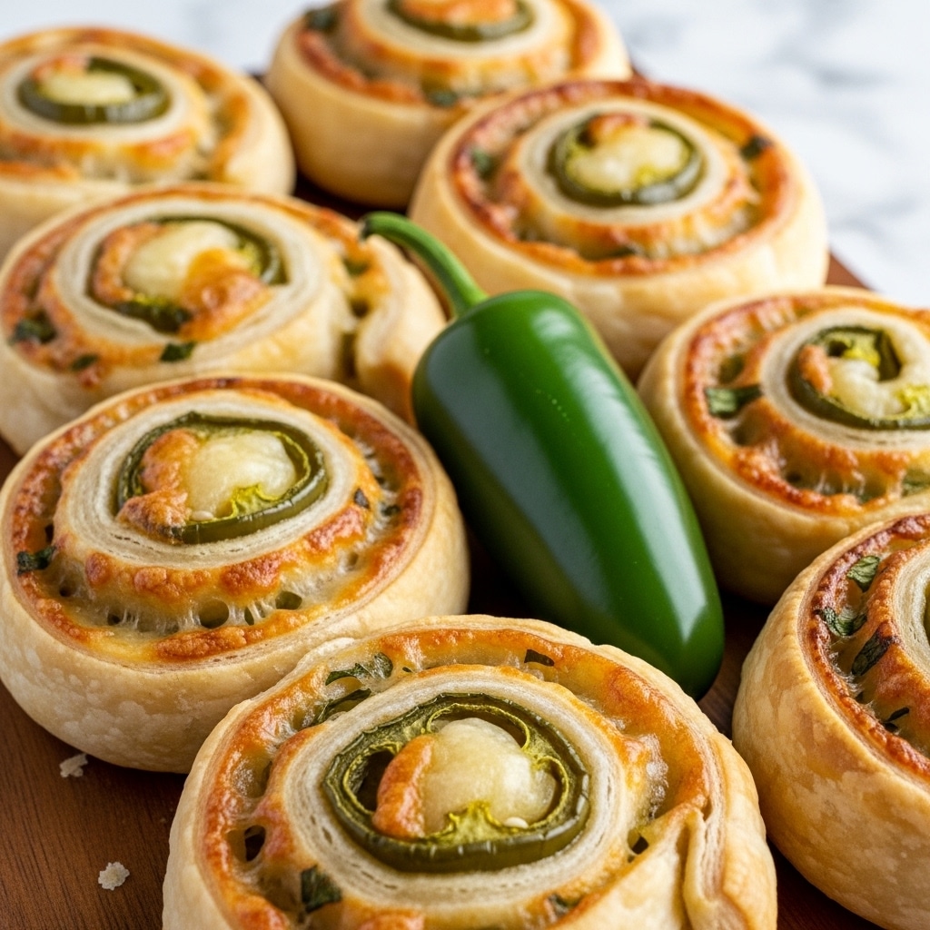 A close-up view of several golden-brown cheese and herb pinwheel pastries arranged closely together on a wooden surface. Each pinwheel has multiple flaky, crispy layers showing swirls of melted cheese and green herbs inside. The pastries have slightly uneven edges, and the top layer is toasted with a light brown color and some darker spots. A fresh jalapeño pepper is placed among the pinwheels, adding a pop of green contrast. The background is softly blurred with a white marbled texture. photo taken with an iphone --ar 4:5 --v 7