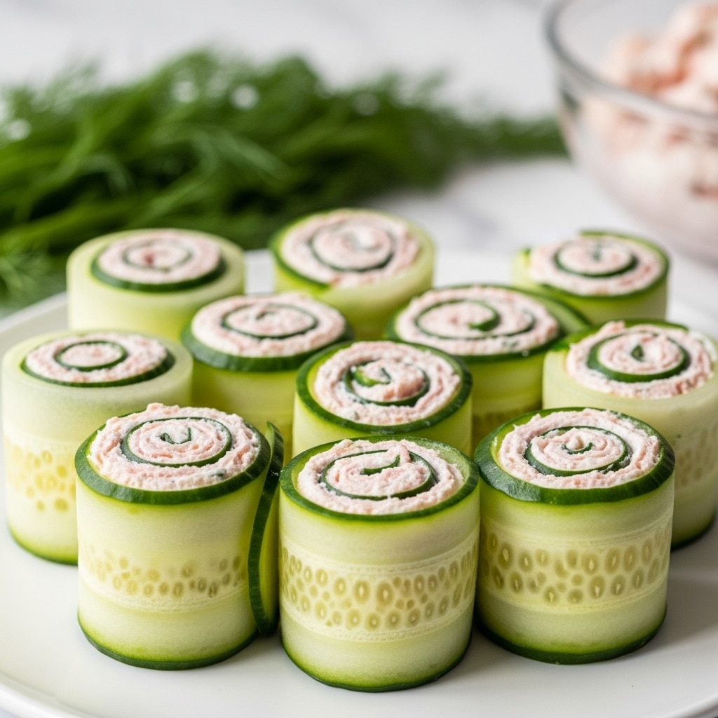Nine small rolls arranged closely on a white plate, each made from thin, translucent light green cucumber slices wrapped into spirals. Inside the spirals, there is a creamy, slightly chunky filling with colors of light pink and white, visible in the swirled layers. The rolls stand upright, showing multiple layers of cucumber and filling from the base to the top. In the blurry background, fresh green dill is out of focus on a white marbled surface, adding a touch of texture. A glass dish with a similar pink and white mixture is faintly visible behind the plate. photo taken with an iphone --ar 4:5 --v 7