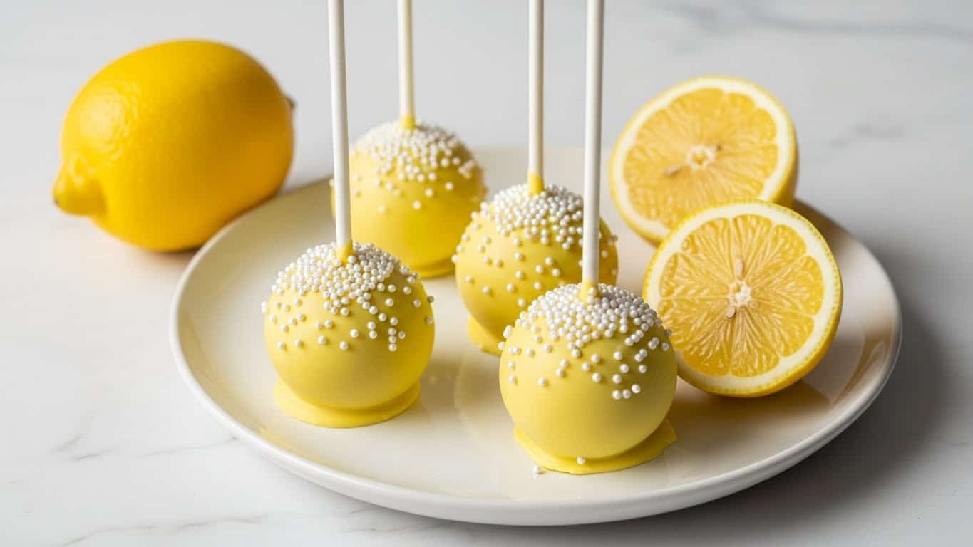 Four lemon yellow cake pops with smooth, matte coatings sit upright on a white plate, each topped with small round white sprinkles scattered mainly on the upper surface. The cake pops are round and glossy, with white sticks extending straight up from the top center of each. There is a whole bright yellow lemon placed to the left side of the plate and a halved lemon with a light yellow inside on the right side. The plate rests on a white marbled surface. photo taken with an iphone --ar 4:5 --v 7