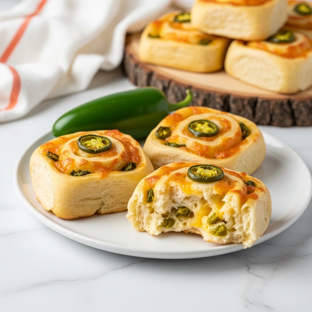 The image shows three golden-brown cheese and jalapeño rolls on a white plate sitting on a white marbled surface. The rolls are square with visible swirls of dough, cheese, and small pieces of green jalapeño inside. One roll is broken open in the front, showing soft layers of dough and melted cheese mixed with bits of jalapeño pepper. A whole green jalapeño is placed behind the rolls on the plate. In the background, more rolls are stacked on a wooden board with a rough bark edge, and a white towel with orange stripes is partially visible. Photo taken with an iphone --ar 4:5 --v 7