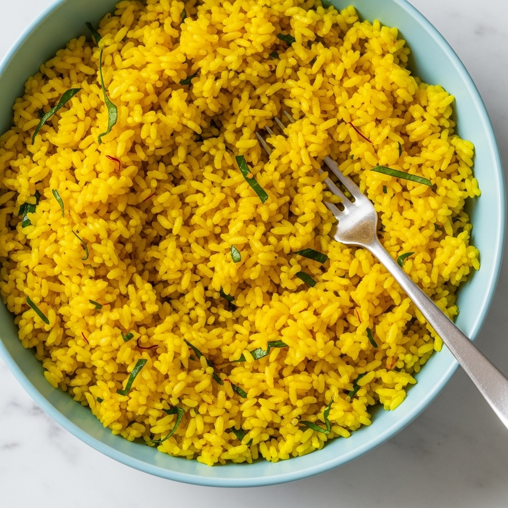 A close-up image of a large round bowl filled with bright yellow rice mixed with small green herb pieces scattered throughout. The rice looks fluffy and well cooked, with individual grains visible. A silver fork is placed inside the bowl on the right side, slightly lifting some rice. The bowl is light blue on the outside, sitting on a white marbled surface. photo taken with an iphone --ar 4:5 --v 7