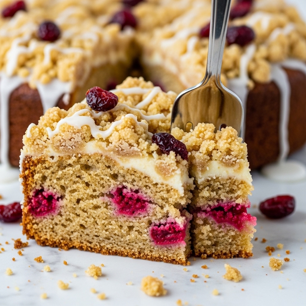 The image shows a close-up of a slice of crumb cake with visible layers; the bottom layer is a golden brown cake with a soft, crumbly texture embedded with bright red cranberries, the middle layer includes white glaze streaks, and the top layer is a crumbly, light golden streusel topping with bits of cranberries scattered around. The slice is slightly separated from the rest of the cake, with crumbs spread around on a white marbled surface. A shiny silver fork is gently pressing into the crumb cake slice, lifting it. Photo taken with an iphone --ar 4:5 --v 7