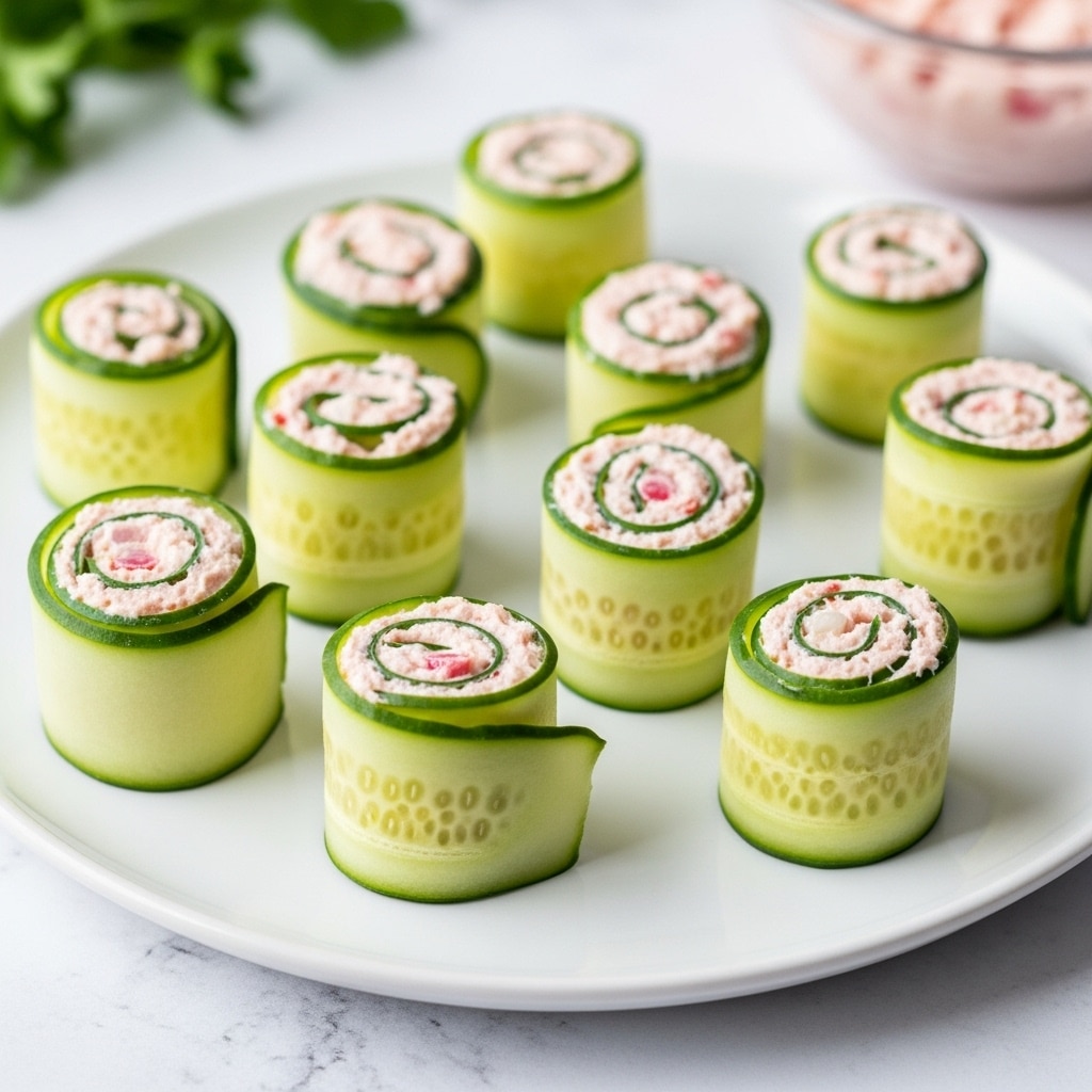 This image shows nine small rolled appetizers on a white plate, each made from thin, light green cucumber strips wrapped around a creamy, light pink filling with visible small bits of red and white. The rolls are arranged in loose rows with most rolls standing upright, showing the spiral layers of cucumber and filling clearly spiraled inside. The white plate sits on a white marbled texture surface, with some faint green herbs blurred in the background and a clear glass bowl with pink filling visible in the top right. The focus is sharp on the rolls, highlighting the fresh, smooth cucumber skin and creamy texture of the filling. photo taken with an iphone --ar 4:5 --v 7