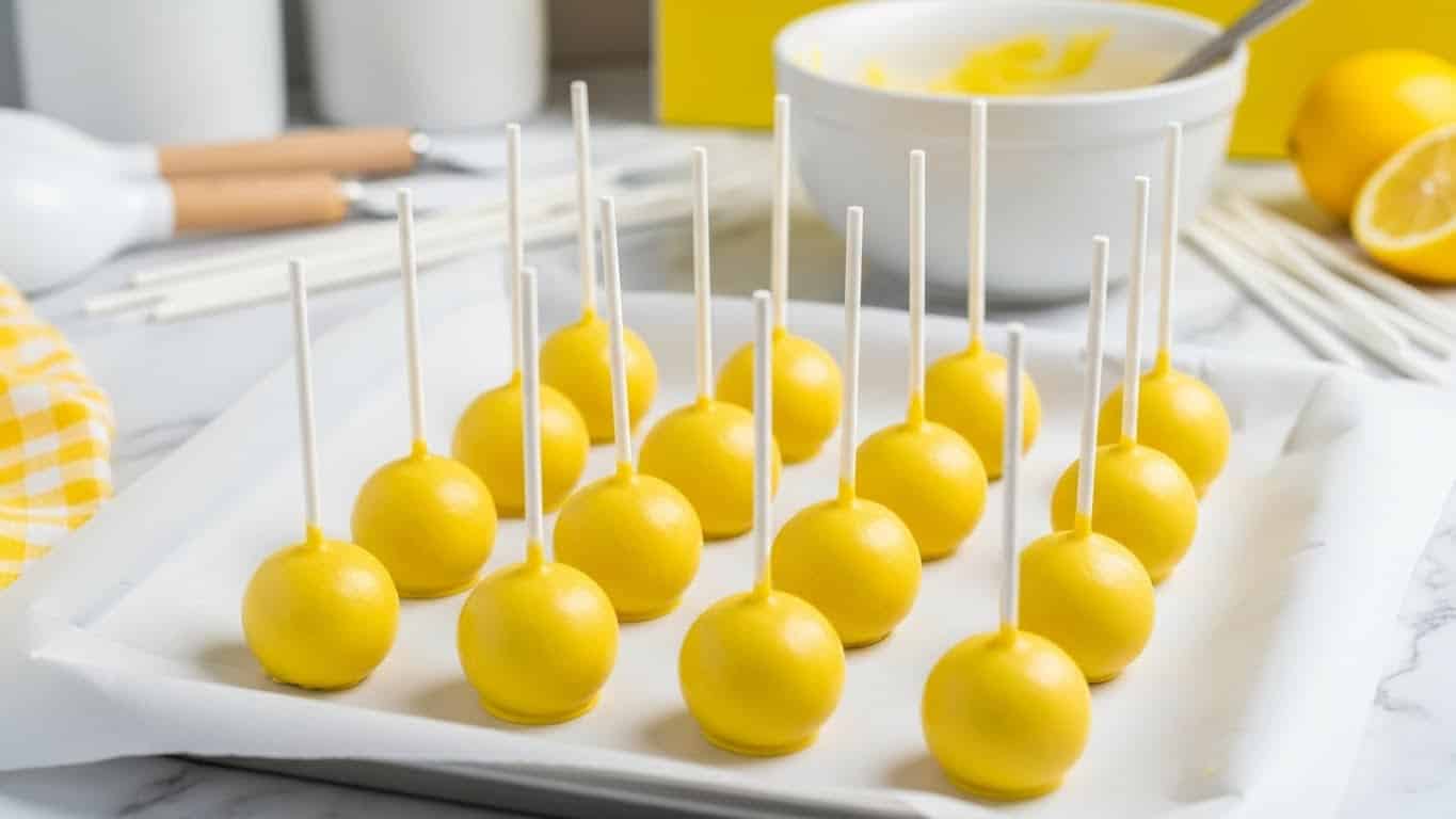A baking tray lined with white parchment paper holds fifteen bright yellow cake pops arranged in neat rows; each cake pop is round, smooth, and has a white stick inserted vertically from the top, with a small dab of yellow material securing the stick to the cake. In the background, there is a white bowl with yellow batter or frosting visible inside and some more white sticks resting nearby. The tray is set on a counter with a white marbled texture, surrounded by white kitchen utensils and a yellow box, with a lemon partially seen in the upper right corner. Photo taken with an iphone --ar 4:5 --v 7