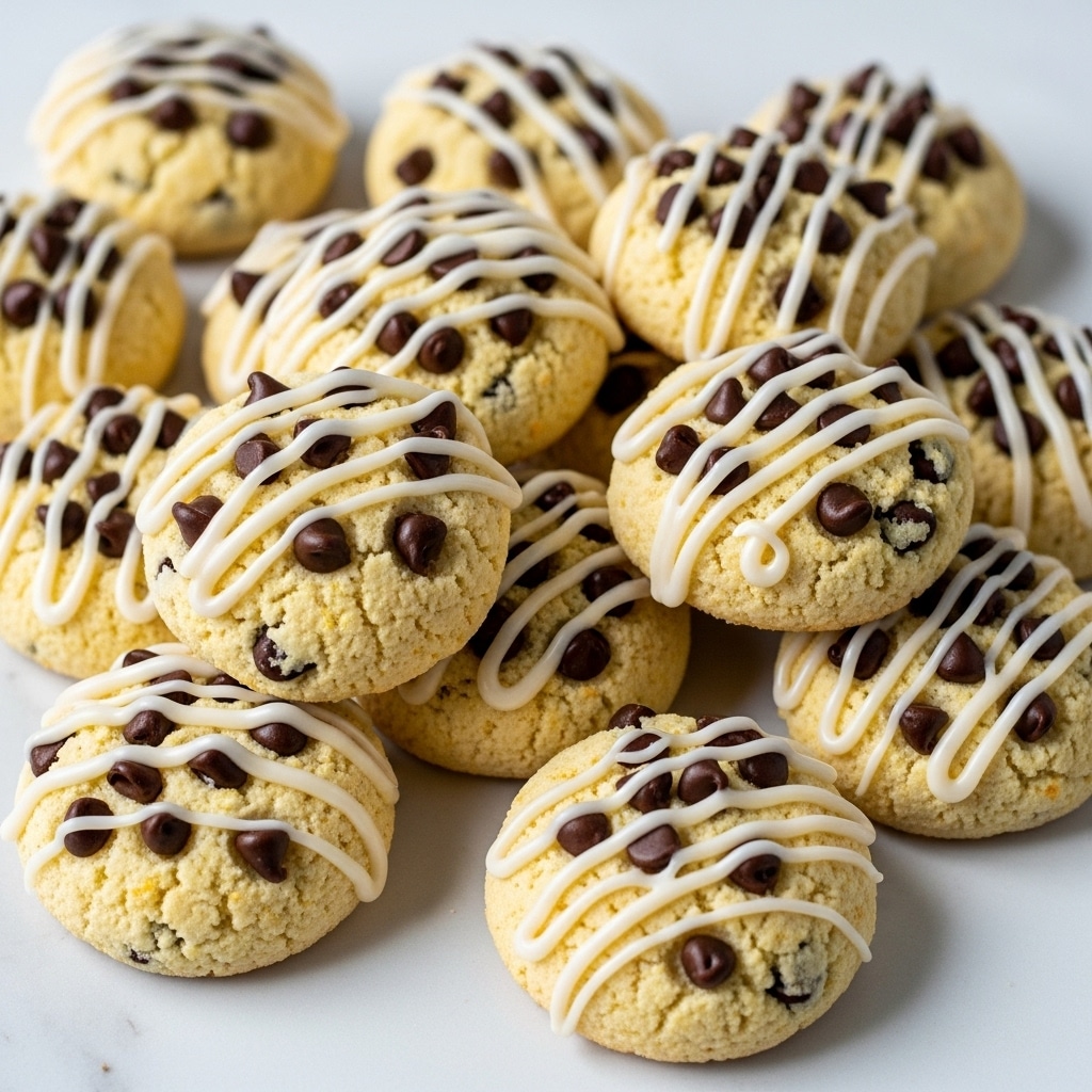 A pile of small round cookies rests closely together on a white marbled surface. Each cookie is light yellow with rough, soft texture and sprinkled generously with small, dark brown chocolate chips embedded all over. On top of each cookie, there is a thin drizzle of glossy white icing that falls unevenly in thin, smooth lines. The cookies look slightly puffy, with some having a gentle dome shape and others a flatter top. The background is simple, keeping the focus on the scattered cookies. Photo taken with an iphone --ar 4:5 --v 7