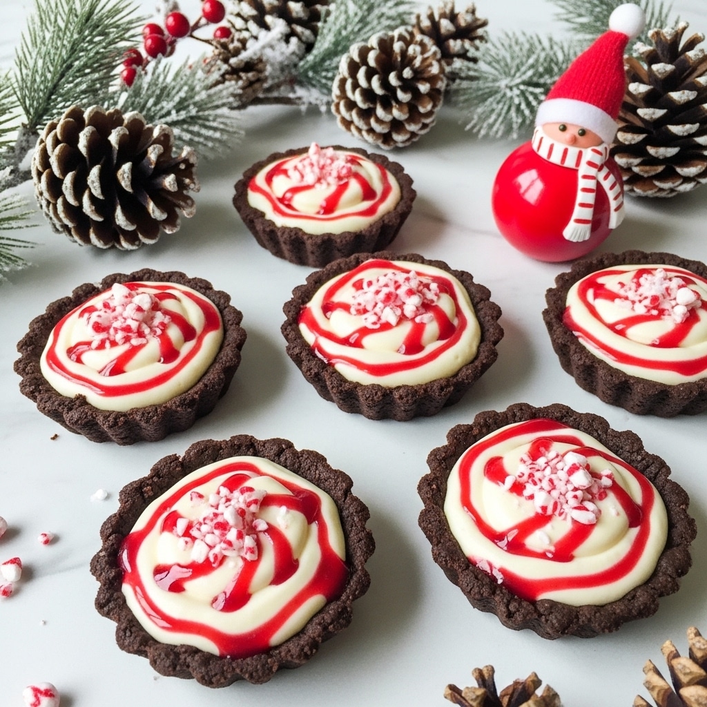 The image shows five small tart cups arranged on a white marbled surface, each with a thick dark brown chocolate crust forming the base and sides. Inside each tart cup is a swirl of creamy white filling with streaks of red sauce mixed throughout. The tops of the fillings are garnished with small pieces of crushed red and white candy. Around the tarts are pinecones, festive branches with frosted tips, and a small bright red round decoration with a red pointy hat and white scarf, enhancing the holiday feel. photo taken with an iphone --ar 4:5 --v 7