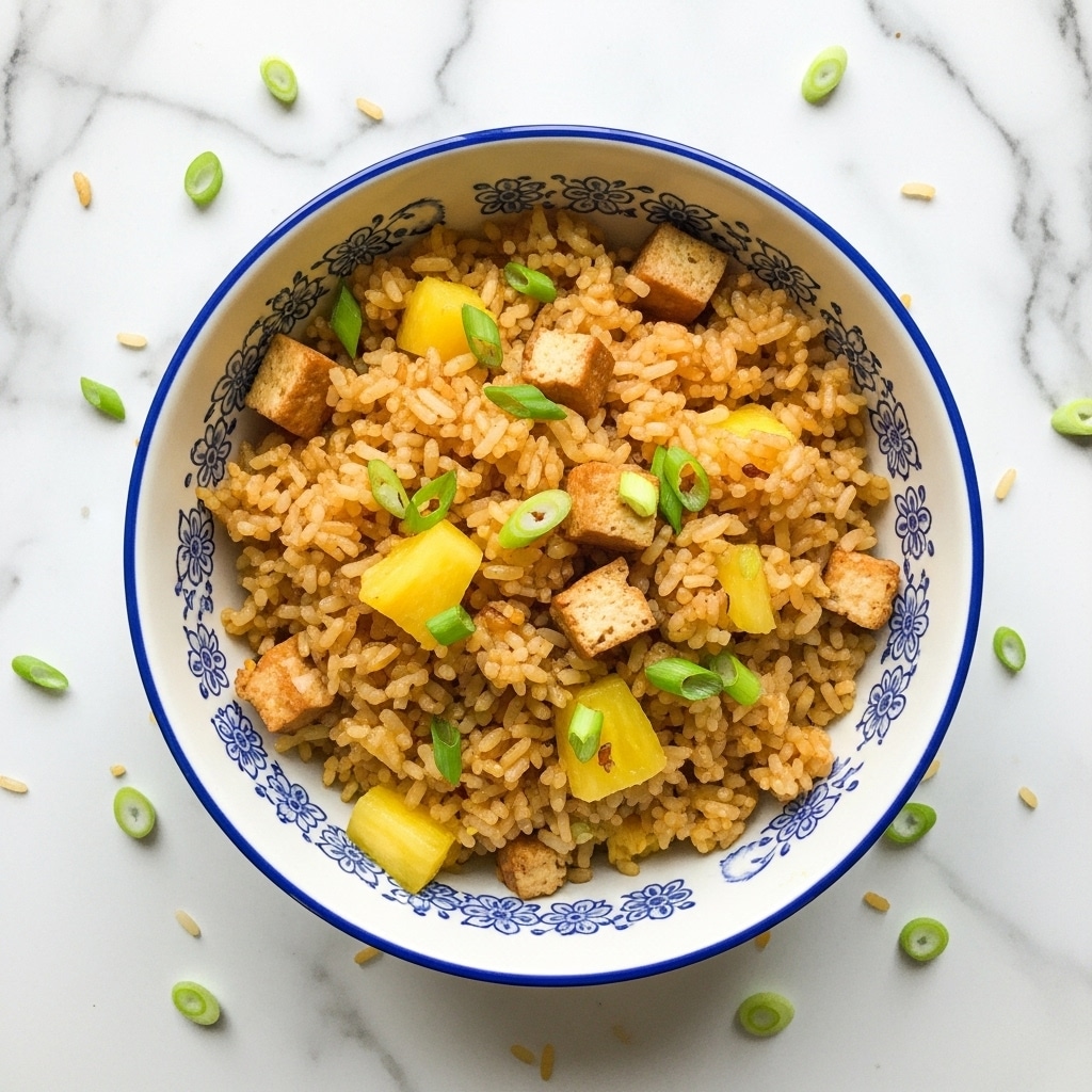 A bowl filled with golden-brown fried rice mixed with small yellow pineapple chunks and light brown crispy tofu cubes, garnished with small green onion pieces scattered on top, all in a white bowl featuring a blue floral pattern around the rim, set on a white marbled texture surface. photo taken with an iphone --ar 4:5 --v 7