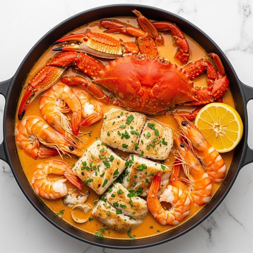 The image shows a large black pot filled with a creamy orange seafood stew. The stew has several layers of fresh seafood including bright red crab claws and shells sitting slightly above the thick orange broth. Plump white shrimp with orange accents and slightly curled tails are scattered across the surface. Large chunks of white fish with a grilled texture rest near the center, surrounded by small green herb pieces sprinkled all over. A wedge of lemon with a bright yellow-orange peel peeks out on the side. The background is a white marbled texture. photo taken with an iphone --ar 4:5 --v 7