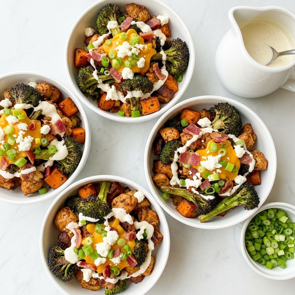 Four white bowls filled with a colorful mix of roasted broccoli with a slightly charred green and brown texture, orange sweet potato chunks, browned pieces of chicken, and crispy bacon bits. The dish is topped with crumbled white cheese, scattered green onion slices, and drizzled with a creamy white sauce and melted yellow cheddar cheese. To the side, there is a small white bowl of additional chopped green onions and a white jug containing extra creamy white sauce, all placed on a white marbled surface. Photo taken with an iphone --ar 4:5 --v 7