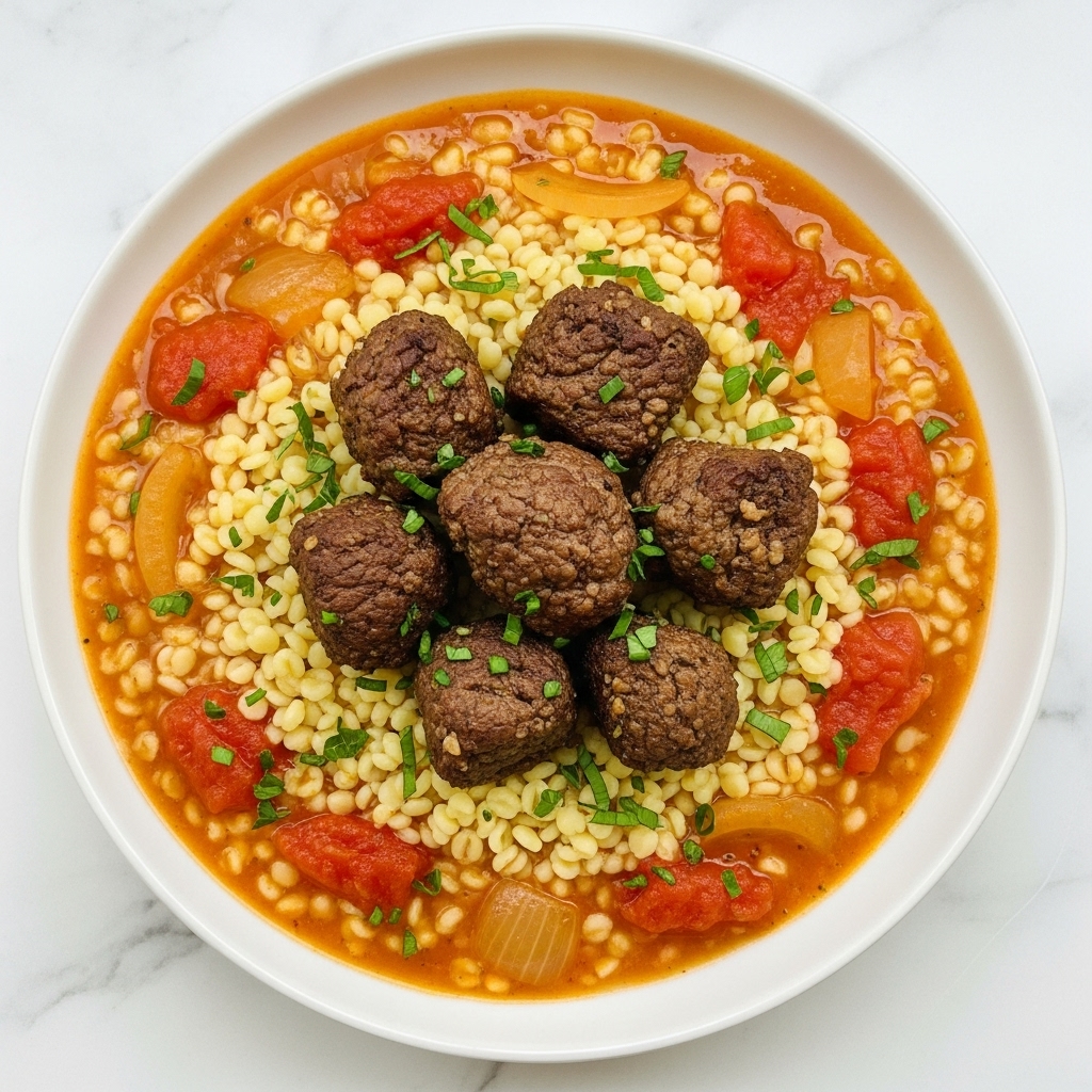 The dish consists of a single white plate filled with a stew-like mix. The base layer is a rich orange-red tomato sauce with visible chunks of diced tomato and translucent cooked onion pieces scattered throughout. Layered evenly within the sauce are short, pale yellow pasta strands shaped like small grains or rice. Sitting on top and throughout the dish are medium-sized chunks of browned meat with a textured, slightly crispy surface. The entire dish is sprinkled with finely chopped green herbs. The background is a white marbled texture. photo taken with an iphone --ar 4:5 --v 7