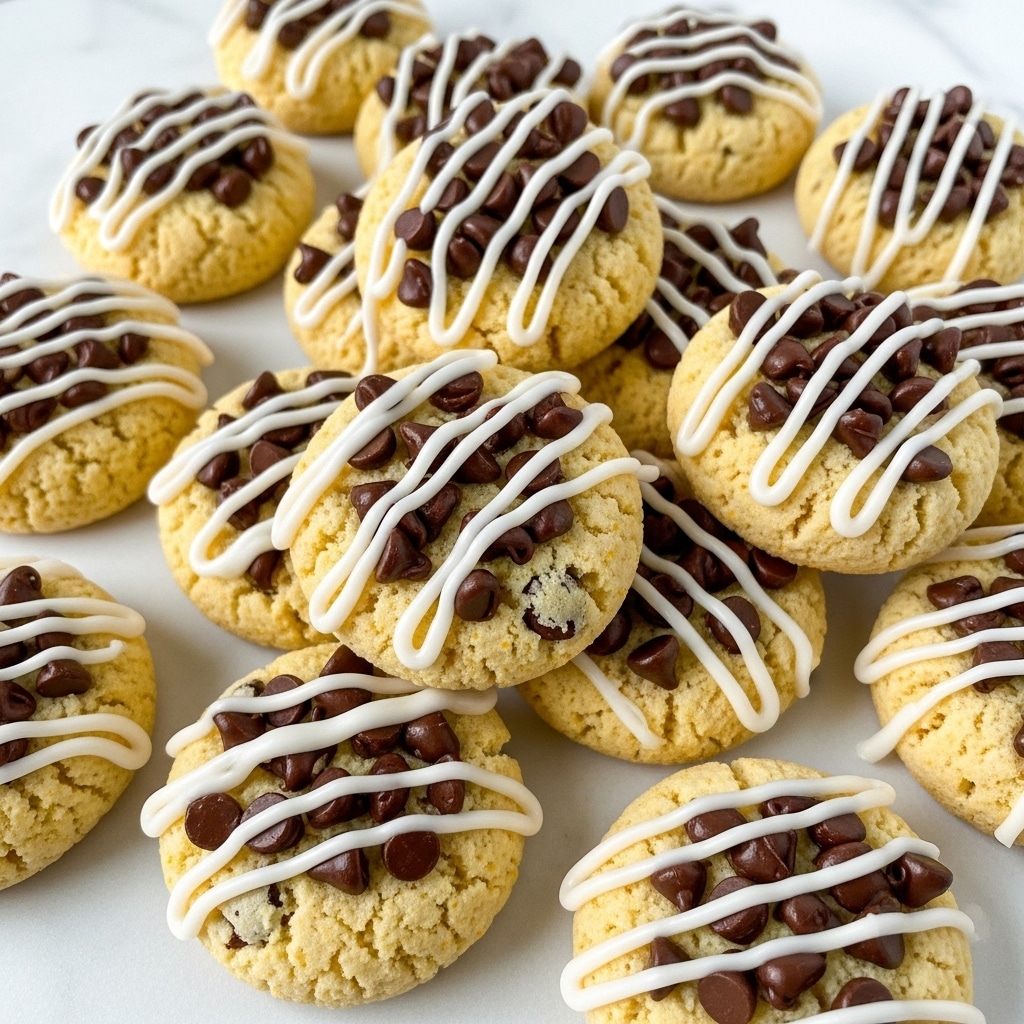 A pile of round, chunky cookies sits closely together on a flat white marbled surface. Each cookie is light yellow with a soft texture, dotted generously with small dark brown chocolate chips throughout. Thin white icing is drizzled unevenly across the tops of the cookies, adding a glossy contrast. The cookies have an uneven surface that looks fluffy and slightly crumbly, with some small orange specks visible in the dough. photo taken with an iphone --ar 4:5 --v 7