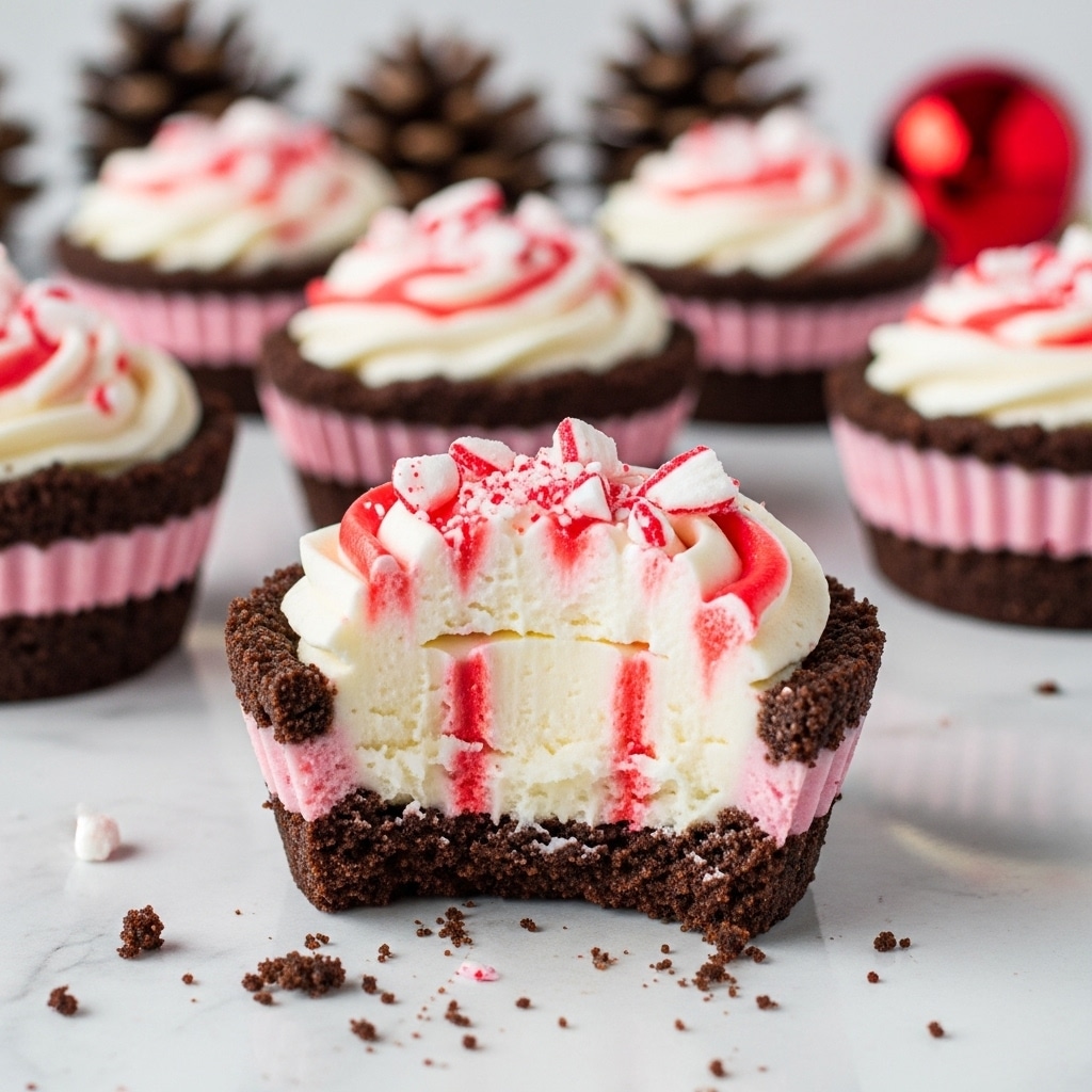 The image shows a close-up of a mini dessert tart with three visible layers: a thick, dark chocolate crumb crust as the base and sides, a creamy white middle layer with light pink streaks running through it, and a swirl of white and red cream on top, finished with small red and white crushed candy pieces. The tart has a bite taken from it, exposing the soft texture of the inner layers. In the background, there are more identical tarts blurred out, some pinecones, and a red ornament, all set on a white marbled surface. photo taken with an iphone --ar 4:5 --v 7