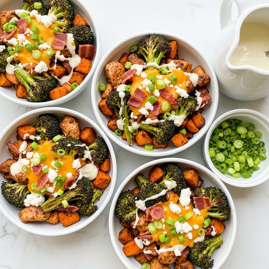 A clear rectangular glass baking dish filled with a cooked mix of broccoli florets, orange sweet potato cubes, and chunks of white chicken. The dish is topped with shredded orange cheddar cheese and small pieces of cooked reddish-brown bacon scattered unevenly all over. Around the dish, small white bowls hold chopped green onions, bacon pieces, and a light tan sauce, all placed on a white marbled surface. Photo taken with an iphone --ar 4:5 --v 7