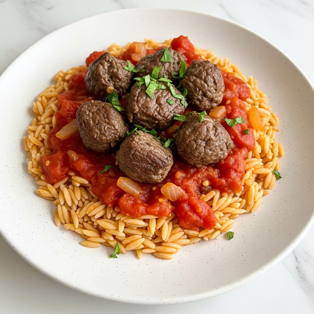 The dish is served on a white speckled plate placed on a white marbled surface. It has three main layers: a base layer of small, golden orzo pasta coated in a rich, chunky red tomato sauce with vibrant tomato pieces and translucent diced onions. Scattered on top are several pieces of browned, textured meat that appear juicy and tender. The dish is garnished with finely chopped green herbs lightly sprinkled over the top, adding a fresh contrast to the warm colors. photo taken with an iphone --ar 4:5 --v 7