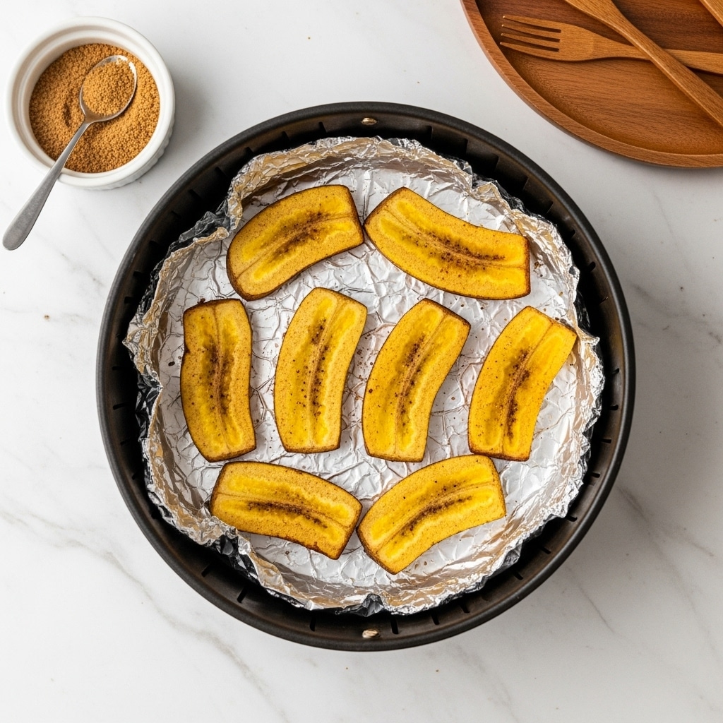 The image shows eight cooked plantain slices placed in a single layer inside a round air fryer basket lined with crinkled aluminum foil. Each slice has a golden-yellow color with brown speckles and a slightly soft texture, showing signs of light seasoning or spices. Around the basket, a white marbled surface is visible with a small white bowl containing a brown powder and a metal spoon on the left, and a round wooden tray with some wooden forks on the right. The overall look is warm and appetizing with a clear focus on the plantains inside the basket. photo taken with an iphone --ar 4:5 --v 7