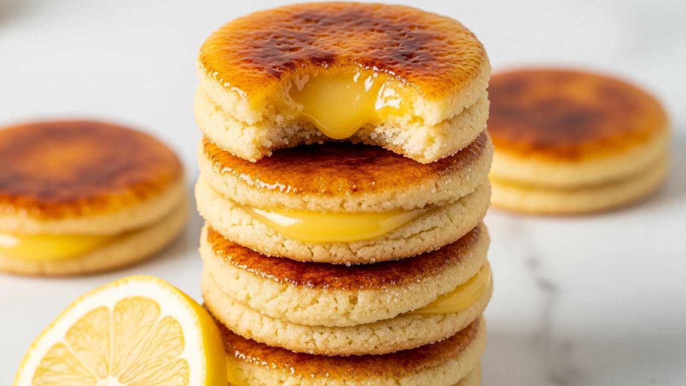 A stack of four round lemon curd-filled cookies is shown close-up on a white marbled surface, each cookie with a golden brown caramelized top and a soft, slightly crumbly pale yellow base. The top cookie has a bite taken out, revealing bright, glossy, smooth lemon curd inside. The edges of the cookies are slightly crisp, with a sugared texture sparkling under light. A slice of lemon with visible pulp sits near the base of the stack. photo taken with an iphone --ar 4:5 --v 7