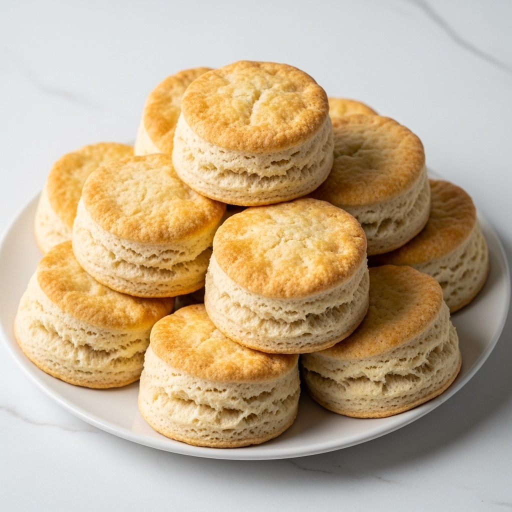 A white plate sits on a white marbled surface holding a stack of ten golden-brown biscuits arranged in a loose pyramid shape. Each biscuit has a round, slightly uneven top with a textured surface, showing light and darker golden tones from baking. The sides are pale beige with a soft, fluffy texture visible in some biscuits, and the edges are slightly cracked, revealing the flaky layers inside. The biscuits vary in size but fit together naturally, creating a casual, appetizing display. Photo taken with an iphone --ar 4:5 --v 7