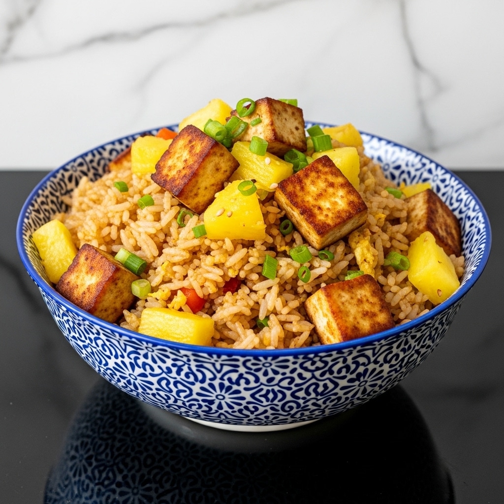 A bowl with a blue and white decorative pattern holds a generous serving of fried rice. The dish has several layers starting with golden brown fried rice mixed evenly throughout. On top, there are browned cubes of tofu that look crispy on the edges, and bright yellow pineapple chunks scattered around. Small bits of green onions add a fresh green contrast across the dish. The texture shows the rice grains separated but shiny, the tofu with a slight char, and the pineapple juicy. The bowl sits on a reflective black surface with a background of white marbled texture. photo taken with an iphone --ar 4:5 --v 7