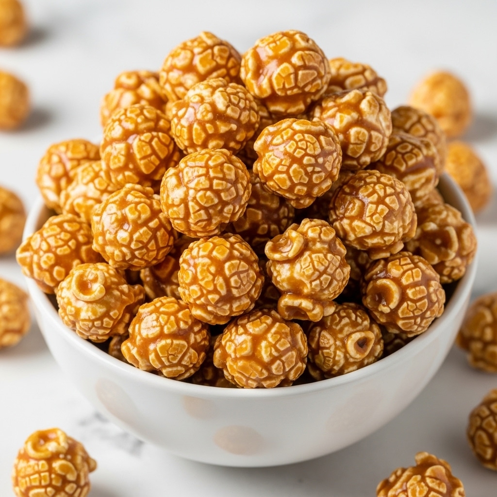 A close-up image of a white bowl filled with caramel popcorn piled high. Each popcorn piece is coated with a shiny caramel layer that is golden brown in color, giving it a glossy and sticky texture. The popcorn pieces vary slightly in shape and have a light white puff beneath the caramel coating. The bowl sits on a surface with a white marbled texture, and a few pieces of caramel popcorn are scattered around the bowl. Photo taken with an iphone --ar 4:5 --v 7