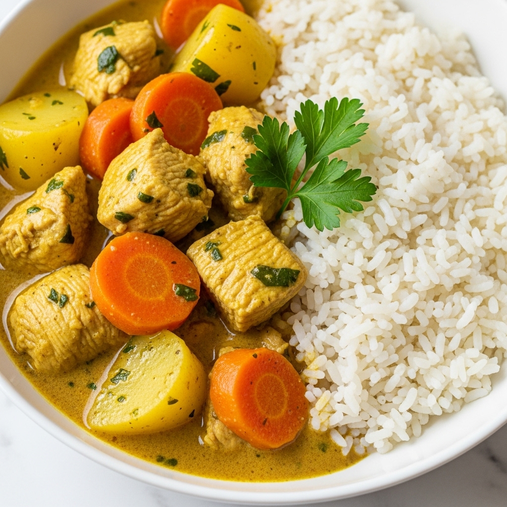 The image shows a close-up of a bowl with a creamy yellow curry on one side and white rice on the other. The curry has large chunks of light golden chicken, bright orange carrot slices, and yellow potato pieces, all covered in a thick, smooth sauce with green herbs mixed in. On top of the curry, there is a small sprig of fresh green parsley for garnish. The bowl is white, and it sits on a white marbled surface. The texture of the rice is soft and fluffy, while the curry looks rich and slightly glossy. photo taken with an iphone --ar 4:5 --v 7