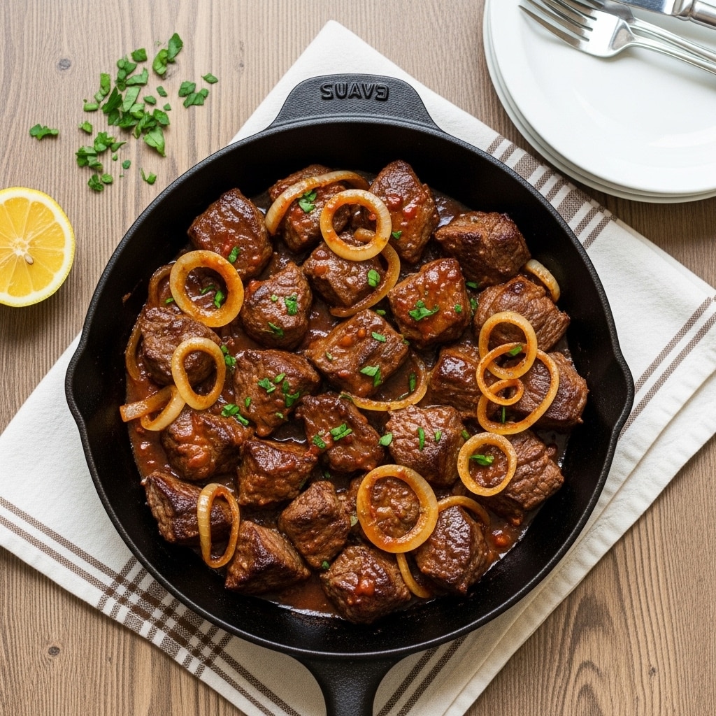 A round black cast iron skillet filled with around three layers of glossy brown and reddish-brown cooked beef chunks mixed with soft, translucent light brown sautéed onion rings, all coated in a shiny reddish-brown sauce with a few green chopped herbs sprinkled on top. The skillet rests on a piece of white cloth with brown stripes, placed over a wooden texture background. Around the skillet, there is a bright yellow half lemon on the left, a white stack of plates with silver cutlery on the top right, and scattered chopped herbs on the top left. Photo taken with an iphone --ar 4:5 --v 7