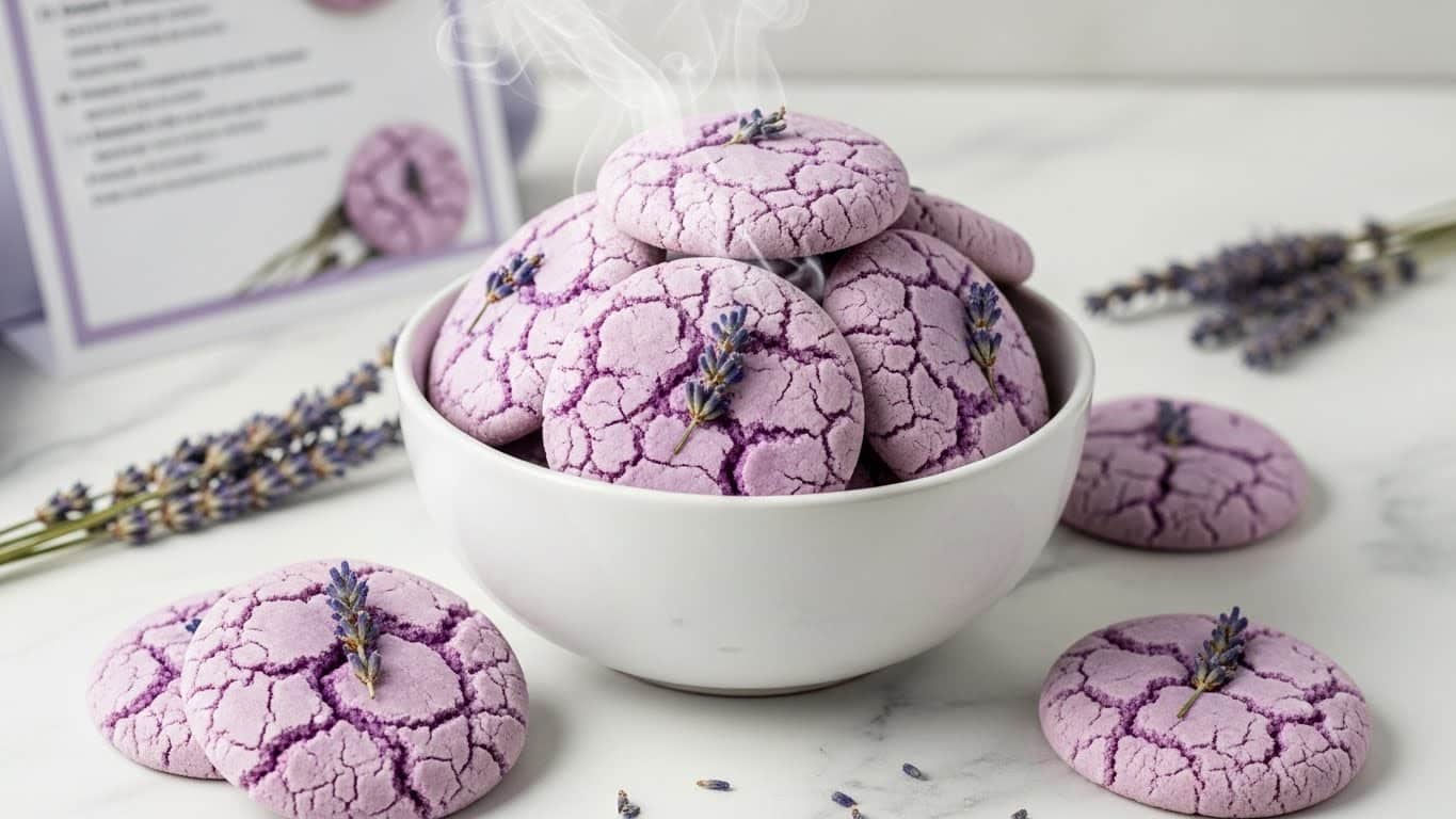 A white bowl filled with soft, round lavender sugar cookies stacked in a pile, each cookie light purple with a cracked texture and a small sprig of dried lavender placed on top. Around the bowl, more cookies lie flat on a white marbled surface, also topped with tiny lavender sprigs. In the background is a blurred recipe card with faint text and a dark backdrop showing steam rising from the cookies. The scene is well-lit, highlighting the smooth, powdery texture of the cookies. photo taken with an iphone --ar 4:5 --v 7