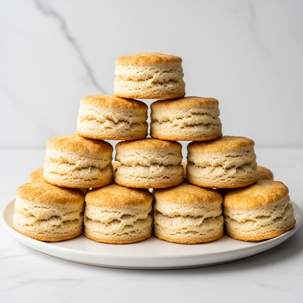 A white round plate holds a stack of eleven golden brown biscuits arranged in three uneven layers. The bottom layer has six biscuits closely packed, showing a slightly rough and flaky texture with light golden edges. The middle layer has four biscuits placed above the gaps of the bottom layer, and the top layer has a single biscuit at the peak, all with a light golden crust and soft, fluffy inner texture visible. The plate is set on a white marbled surface, creating a clean and simple background. photo taken with an iphone --ar 4:5 --v 7